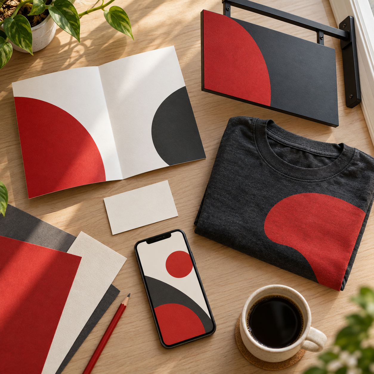 Coordinated print, signage, apparel and social media designs on a creative studio desk